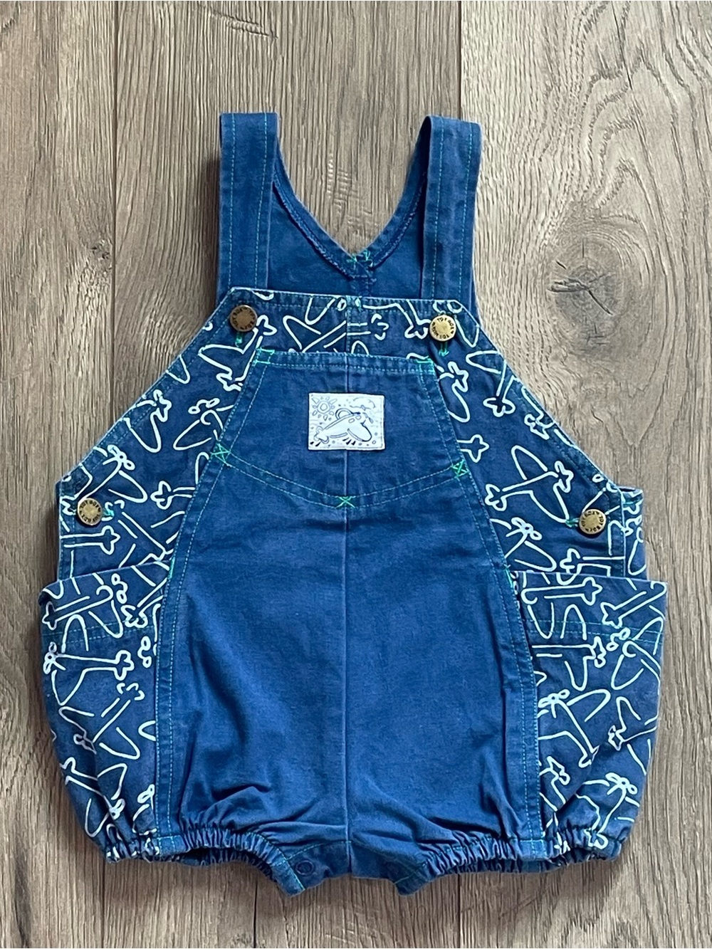 Vintage Toy Box Airplane Print 24m Denim Shortalls Baby Boy Romper